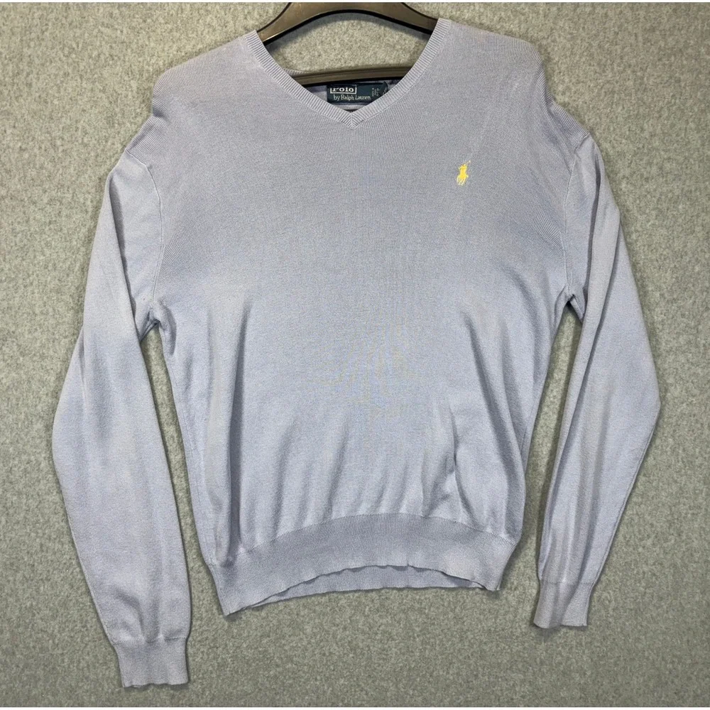 Polo Ralph Lauren Mens V-Neck Sweater Light Blue Pima Cotton Yellow Pony Size M